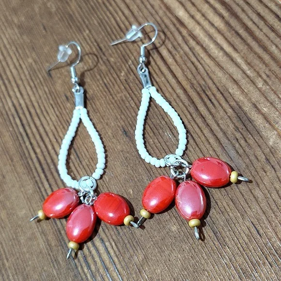 *5 For $20*Red and White Beaded Long Dangle Earrings / Handmade Ladies Earrings - Picture 4 of 5